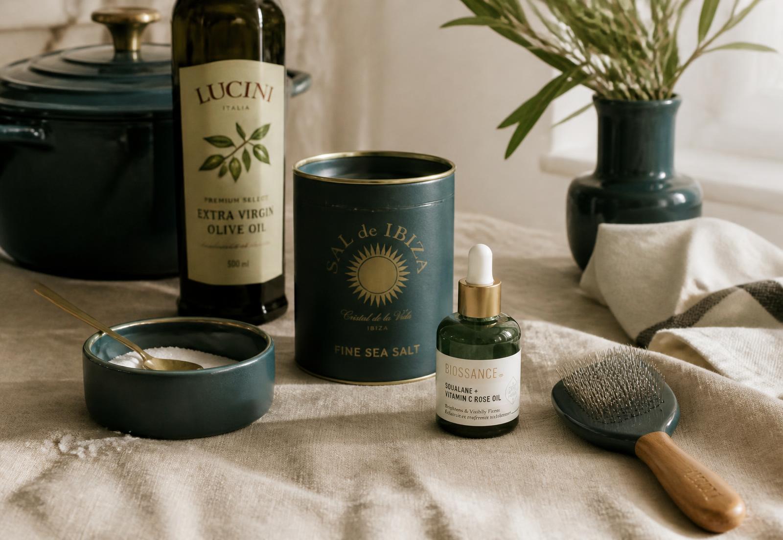 Gourmet, pet, and beauty essentials arranged on linen